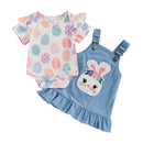 Toddler Girls Floral Print Romper and Ruffle Sleeve Dress Set with Bunny Ear Headband Summer Outfit for Easter
