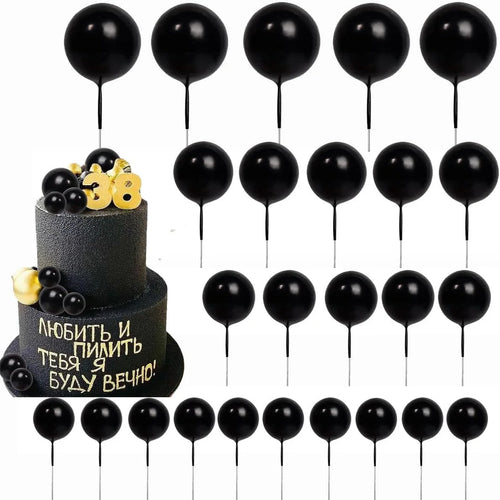 25pcs Gold & Black Ball Cake Topper Foam & Pearl Material for Anniversary Baby Shower Birthday Wedding Christmas Valentine's Day