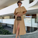 Women Trench Style Midi Dress Stand Collar Cape Overlay Short Sleeve Belted Waist A‑Line Dresses Autumn Elegant Office Outfits