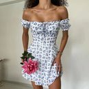 2024 New Summer Casual Off Shoulder Tie Up Floral Print A-Line Dress Sexy Women Short Sleeve Slim Mini Dress for Club Party