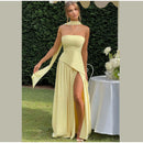The Aurelian | Butter Yellow Mesh-Spliced Asymmetric Evening Gown