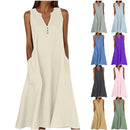 Breathable Summer Women Midi Dress Linen Blend Notch V Neck Dress Button Sleeveless Loose Fit Dresses Comfy Casual Beach Outfit