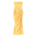 The Aurelian | Butter Yellow Mesh-Spliced Asymmetric Evening Gown
