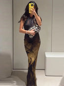 Vintage Floral Printed Midi Dress Women Backless Satin Halter Cutout Bodycon Split Hem Party Dresses 2026 Summer Elegant Gown