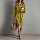 Retro Chic Women Midi Dress Corduroy Fabric Lapel Collar Popular Button Front Loose Fit Long Sleeve Comfy Casual Daily Outfit