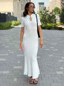 TARUXY Short Sleeve Knitted Long Dress Female Slim Hollow Retro Elegant Sweater Dress 2025 Summer New High Waist Women‘s Dress