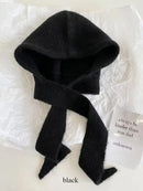 Korean Knitted Beanies Cap Autumn Winter Warm Lady Cute Pleasant Balaclava Cap Bonnet Fashionable Versatile Strap Hooded Hat