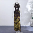 Vintage Floral Printed Midi Dress Women Backless Satin Halter Cutout Bodycon Split Hem Party Dresses 2026 Summer Elegant Gown