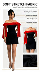 Women Off Shoulder Mini Dress Red Big Bow Spliced Bodycon Short Dresses Elegant Slim Fit Black Little Dress Night Club Party Birthday Outfits Evening Gown