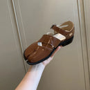 MKKHOU Fashion Sandals Women's New High Quality True Leather Split Toe Shoes Low Heel Hollow out Mary Jane Shoes Modern Shoes
