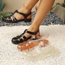 Summer Women's New Flats Sandals, Fashionable Hollow Casual Roman Sandals, Spring and Summer Non-Slip Beach Shoes Crystal Shiny Thick Heel Plastic Pvc Sandals