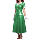 Elegant Women Midi Dress Shiny PVC Leather Turn-down Collar Patchwork Single-Breasted Long Dress Party Club  A-line Female Dress