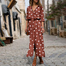 Summer Polka Dot Print Maxi Dress Women's Button Up Split Flowy Shirt Long Dresses Slim Long Sleeve Shirts Dresses With Belt