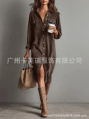 Retro Chic Women Midi Dress Corduroy Fabric Lapel Collar Popular Button Front Loose Fit Long Sleeve Comfy Casual Daily Outfit