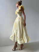 Flying Sleeve Ruffle Striped Slip Long Dress Women Elegant Square Collar Waist Cinching Pleat Party Dresses Chic Ladies Vestido
