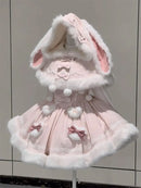 Japanese Lolita Two Pieces Set Women Sweet Patchwork Furry Slip Dress + Sweet Cute Rabbit's Ears Hooded Cape Coat JK Bow Suit