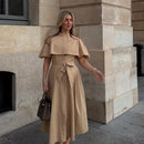 Women Trench Style Midi Dress Stand Collar Cape Overlay Short Sleeve Belted Waist A‑Line Dresses Autumn Elegant Office Outfits