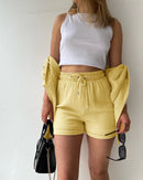 Summer Women Pajamas Fashion 100% Cotton Pink Loose Fitting Casual Pajamas 2-Piece Shorts Lace Up Lady Homewear Wearing Outside