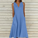 Breathable Summer Women Midi Dress Linen Blend Notch V Neck Dress Button Sleeveless Loose Fit Dresses Comfy Casual Beach Outfit