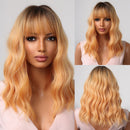 JONRENAU Middle Long Straight Hair with Bangs Ombre Brown to Blonde Wig Dark Roots Synthetic Wigs for Women Heat Resistance Hair