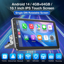 ESSGOO 10英寸安卓14 4+64G 无线Carplay车载音响 可旋转触摸屏 1 DIN GPS导航 蓝牙 FM RDS WIFI USB EQ SWC 麦克风