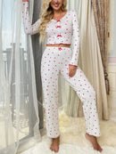 Autumn Winter Sleepwear Women Pajama Set Lace V-neck Bow Heart Print Long Sleeves Pullover &Trousers Loungewear Outfit