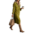 Retro Chic Women Midi Dress Corduroy Fabric Lapel Collar Popular Button Front Loose Fit Long Sleeve Comfy Casual Daily Outfit