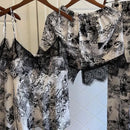 Print Women Satin Pajamas Suit Summer V-Neck Kimono Robe Gown Set With Cheast Pads Nightwear Sexy Lounge Wear Sleepwear