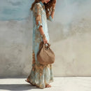 Women Summer Long Sleeve Maxi Dress Vintage Printed Fashion European Daily Casual Flowy Sundress