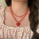 Kpop Fashion Heart Fruit Tomato Bowknot Pendant Colorful Beaded Necklace Woman Aesthetic Jewelry Cute Summer Y2K EMO Accessories