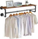 Industrial Wall-Mounted Pipe Clothing Rack with Wooden Shelf