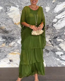 Female Elegant Floral Print Chiffon Boho Long Dress Spring Round Neck Women Pullover Dress Half Bat Sleeve Cake Skirt Dress