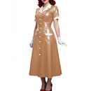 Elegant Women Midi Dress Shiny PVC Leather Turn-down Collar Patchwork Single-Breasted Long Dress Party Club  A-line Female Dress