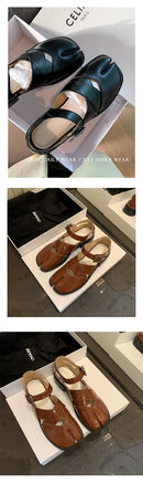 MKKHOU Fashion Sandals Women's New High Quality True Leather Split Toe Shoes Low Heel Hollow out Mary Jane Shoes Modern Shoes