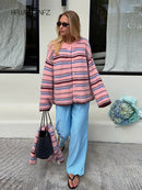 Casual Stripe Scarf Loose Top Women Fashion Full Sleeve O-neck Single Breasted Knitted Coats Female 2026 Autumn Lady Outwears