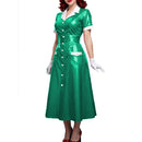 Elegant Women Midi Dress Shiny PVC Leather Turn-down Collar Patchwork Single-Breasted Long Dress Party Club  A-line Female Dress