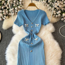 Elegant Knitted Long Dress Women Summer V Neck Single Breatsed Short Sleelve Bodycon Dresses Fashion Party Office Lady Vestidos