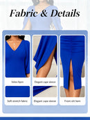 Women V-Neck Cape Sleeve Midi Dress Split Bodycon Elegant Evening Party Wedding Guest Dresses