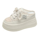 9.5cm Increasing Height Women Slippers 2024New Summer Autumn Canvas Mules Shoes Ladies Round Toe High Wedge Platform Slides Shoe