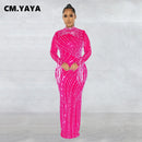 CM.YAYA 女式网纱流苏长袖水钻紧身中长款长裙和吊带内搭连衣裙两件套