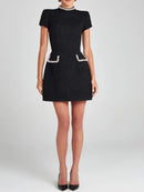Summer Autumn Patchwork Slim Fit Party Dress, Women 2025 Vintage Backless O Neck Mini Dress, Sexy Sleeveless Pocket Ladies Dress