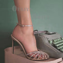 Foot Covered Rhinestones 2024 Summer New Round Toe Cutout Stiletto Sandals Banquet Heels