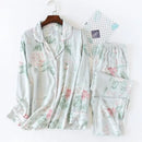 Japanese style new spring and summer women's pajamas Viscose fiber silk long-sleeved trousers suit flower printing home service