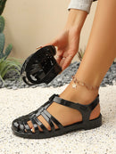 Summer Women's New Flats Sandals, Fashionable Hollow Casual Roman Sandals, Spring and Summer Non-Slip Beach Shoes Crystal Shiny Thick Heel Plastic Pvc Sandals