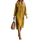 Retro Chic Women Midi Dress Corduroy Fabric Lapel Collar Popular Button Front Loose Fit Long Sleeve Comfy Casual Daily Outfit