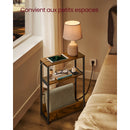 Table d'Appoint Fine avec Multiprise, pour Petits Espaces, Porte-Magazines, Salon, Chambre, Bureau, Marron Rustique et Noir