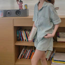 韩版女式睡衣短裤套装 口袋家居服睡衣两件套 夏季睡衣纽扣居家服 纯色睡衣 2024