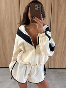Casual Paneled Contrast Women's Pants Sets Stand Collar Zipper Cropped Jackets Elastic Wide Leg Pant 2026 Autumn Lady Tracksuits
