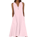 Breathable Summer Women Midi Dress Linen Blend Notch V Neck Dress Button Sleeveless Loose Fit Dresses Comfy Casual Beach Outfit