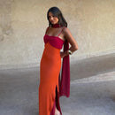 Color Blocking Scarf Collar Sling Dress Sexy Waist Cinching Chic Split Bodycon Maxi Dresses 2026 Lady Club Party Vestido